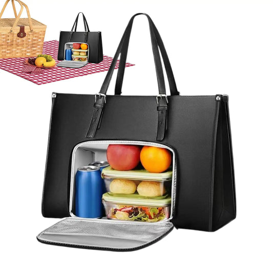Laptop Tote Bag with Insulated Lunch Compartment Modern for Work School, Computer Holder with Snack Fruits Drinks Container